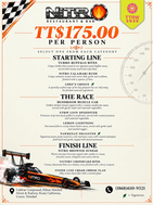 Nitro Restaurant and Bar TT$175 menu flyer for TTRW 2026 featuring a racing theme, course listings, and a racecar graphic at the bottom.
