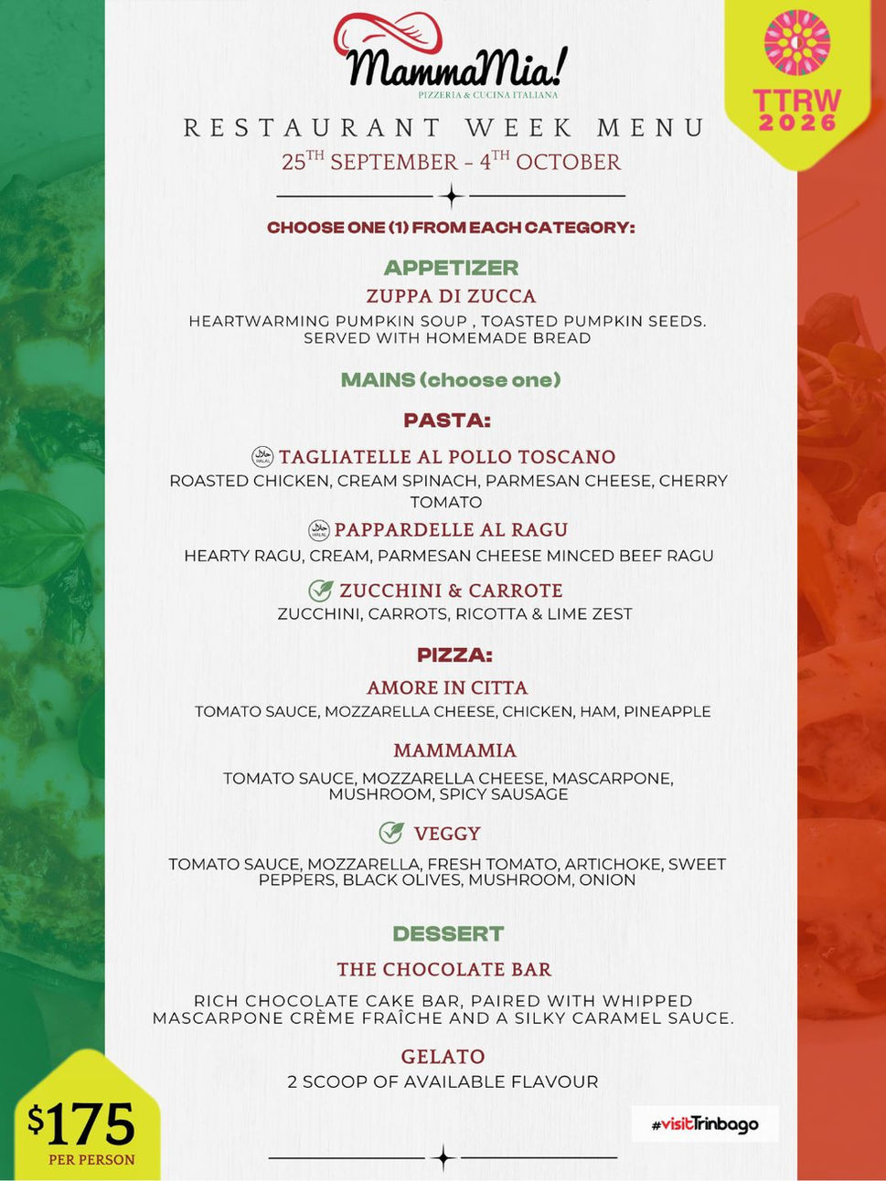 Promotional graphic for MammaMia Pizzeria & Cucina Italiana's Trinidad and Tobago Restaurant Week 2026 menu, featuring a $275 multi-course Italian dining experience with appetizers, pasta, pizza, and dessert selections.