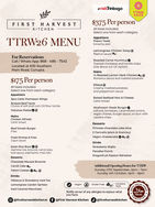 Promotional menu graphic for first harvest menu.jpeg detailing First Harvest Kitchen's offerings for TTRW26. The left column lists a $175 per person 4-course menu with options like Garlic Parmesan Wings, Chicken Alfredo, and an Asian Rice Bowl. The right column lists a $375 per person 4-course menu featuring items like Lemongrass Chicken Satay, Ribeye, and a Mushroom Steak Burger. The flyer includes a Cunupia address, reservation phone number, special Sunday opening hours, a key for dietary symbols, and a Halal Certified log