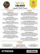 Promotional graphic for Buzz Bar's Trinidad and Tobago Restaurant Week 2026 menu, featuring a 2 for $475 dining package for two persons including appetizers, entrées, and desserts with all taxes included.