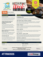 Promotional graphic for Sails Restaurant & Pub's Trinidad and Tobago Restaurant Week 2026 menu, featuring a $375 multi-course dining package with appetizers, entrées, and desserts at Chaguaramas.