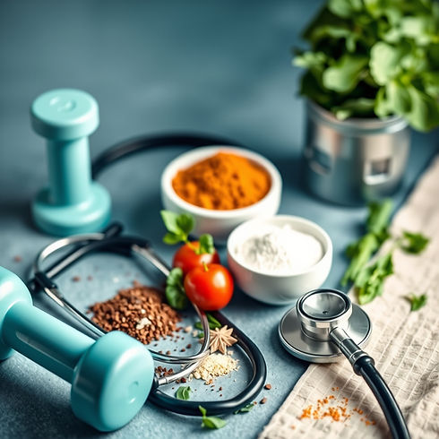 healthy food, herbs, spices, one dumbbell, stethoscope.jpg