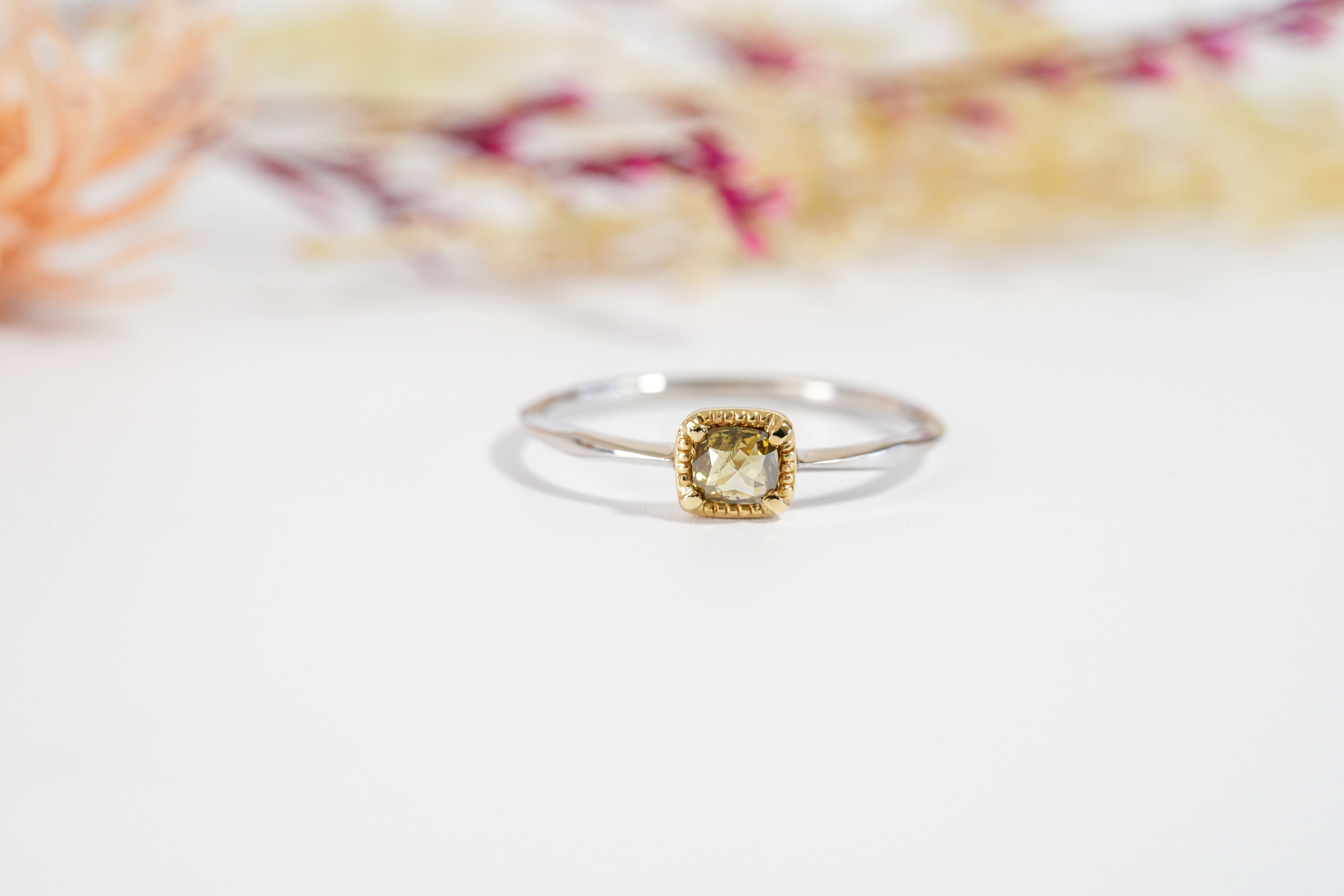 K18YG/PT Cushion Cut Natural Diamond Ring