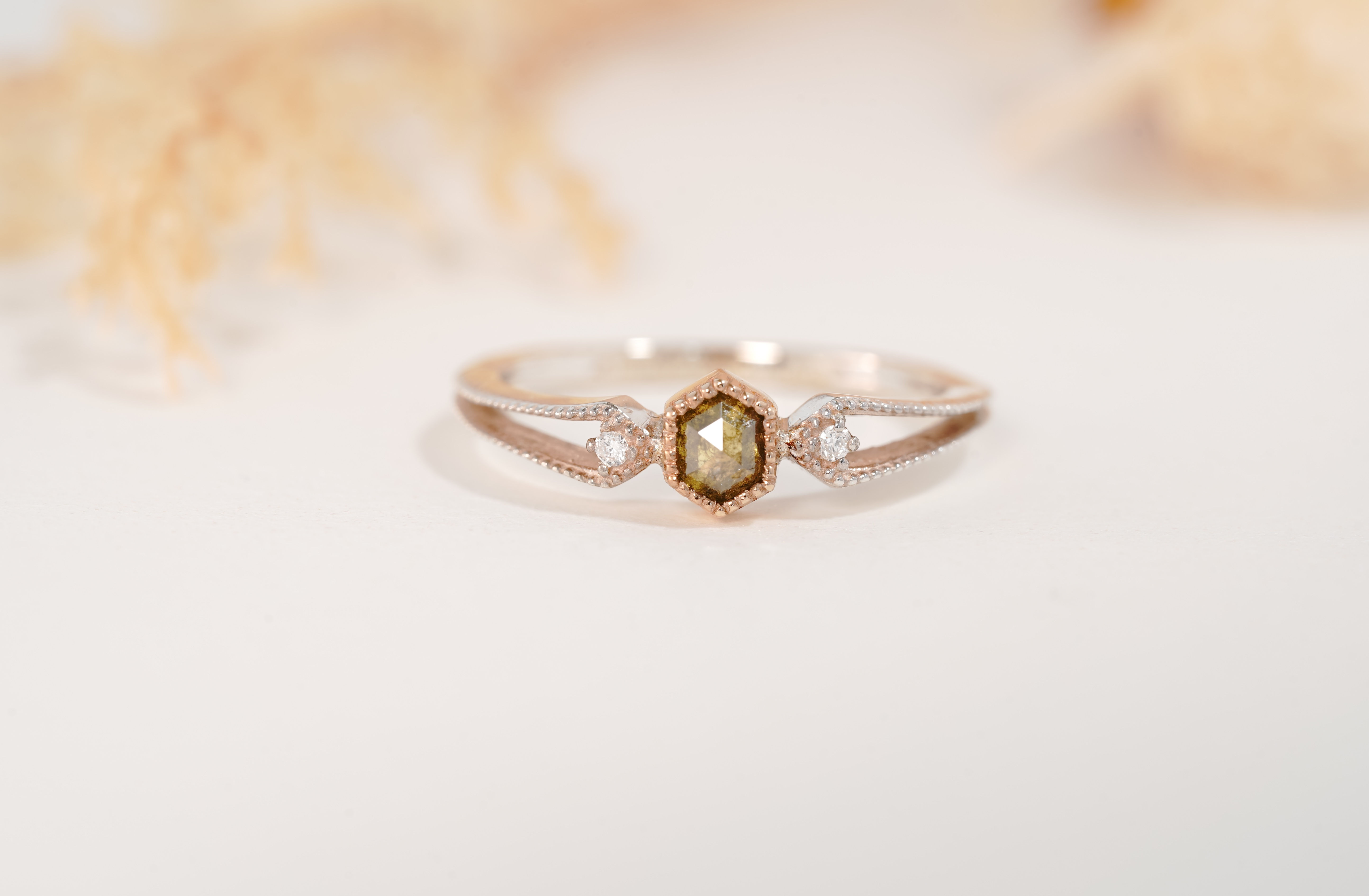 "18k Yellow Gold & Silver" Hexagon Rose Cut Natural Diamond Ring