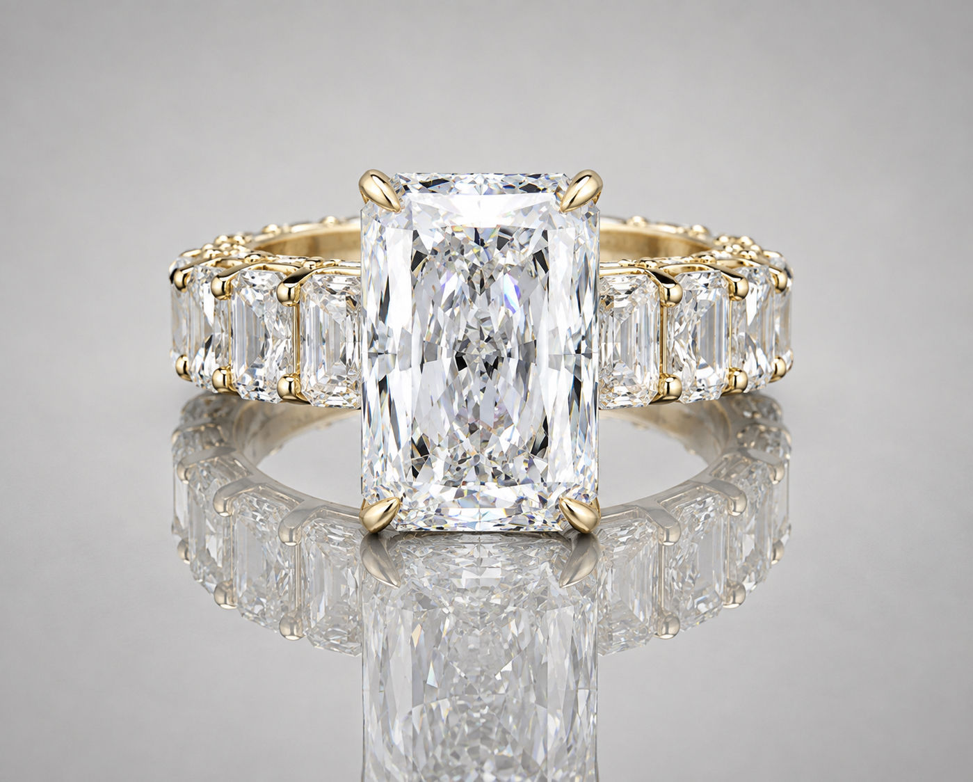 9.5 carat Radiant cut Diamond Ring with Radiant cut Side Stones