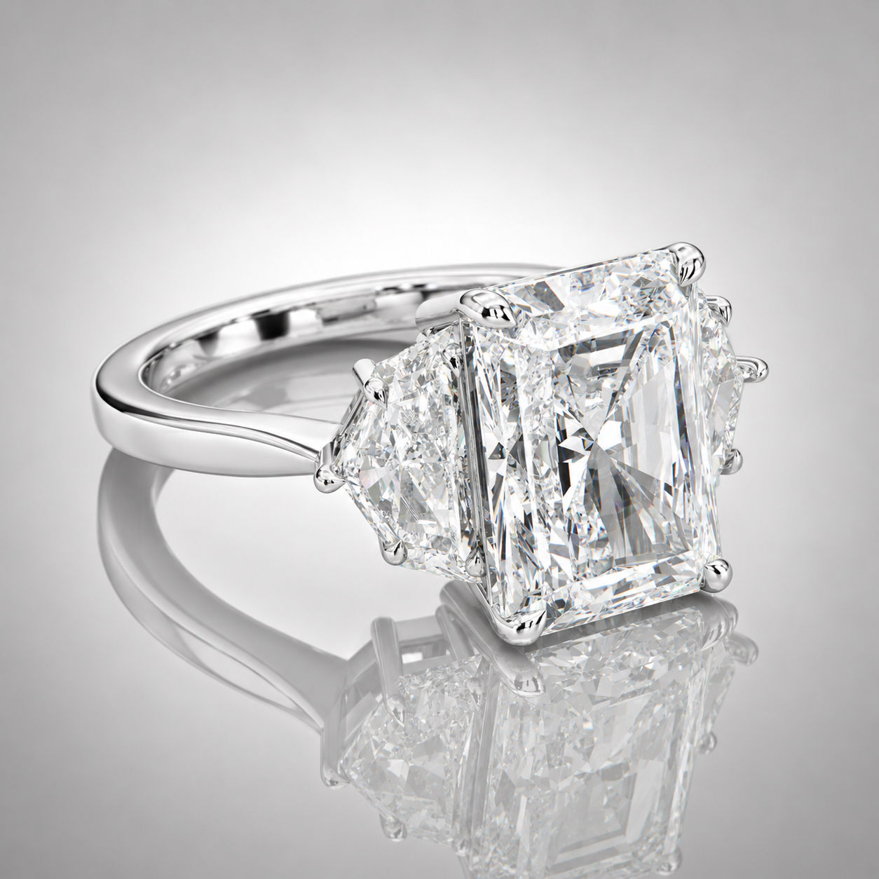 6 carat Three Stone Radiant cut Diamond Ring w/ Cadillac Side Stones
