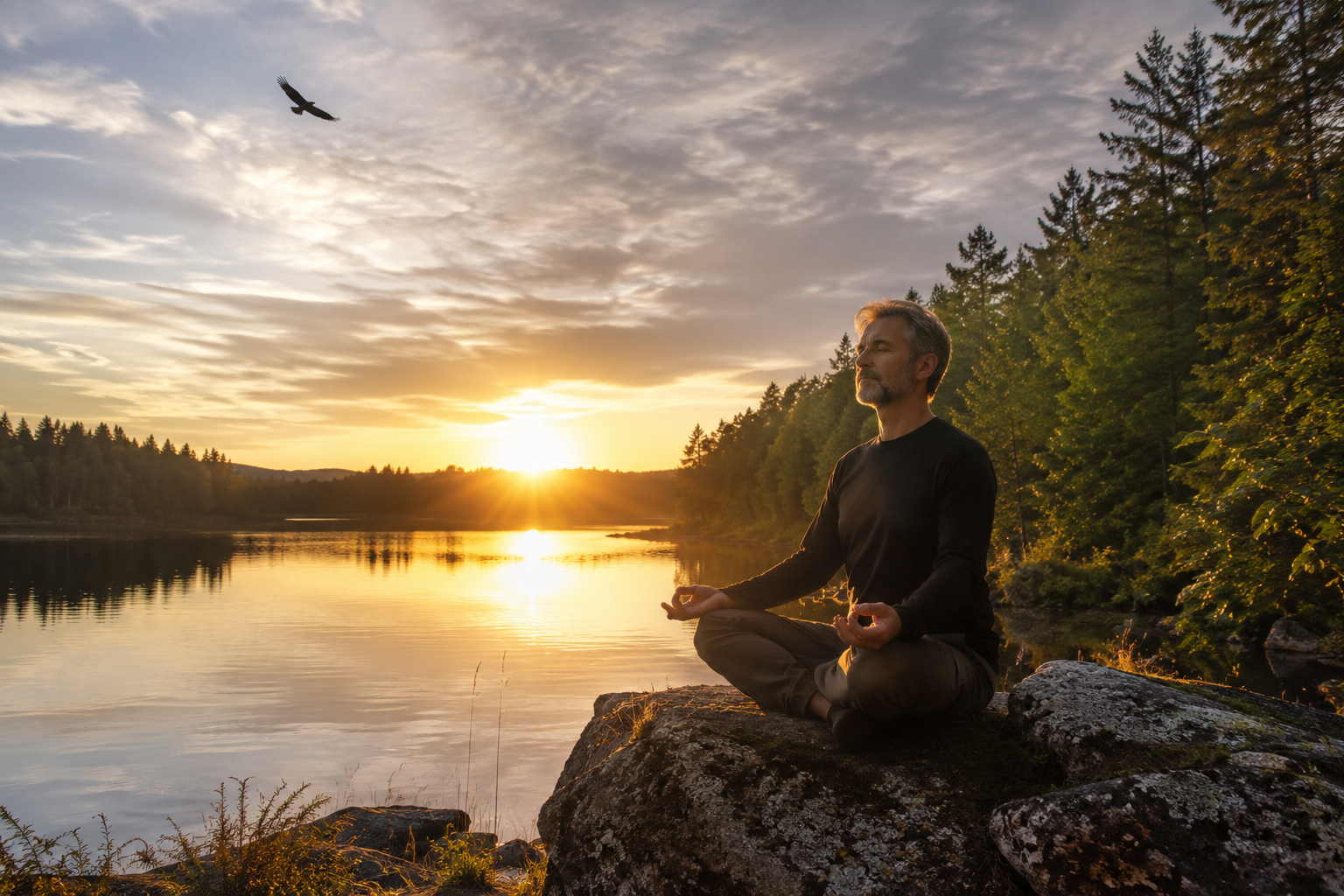 Homme en méditation au bord d'un lac