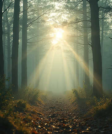 Atmospheric-shot of a sacred forest clearing with soft-natural-daylight, suitable for a sh