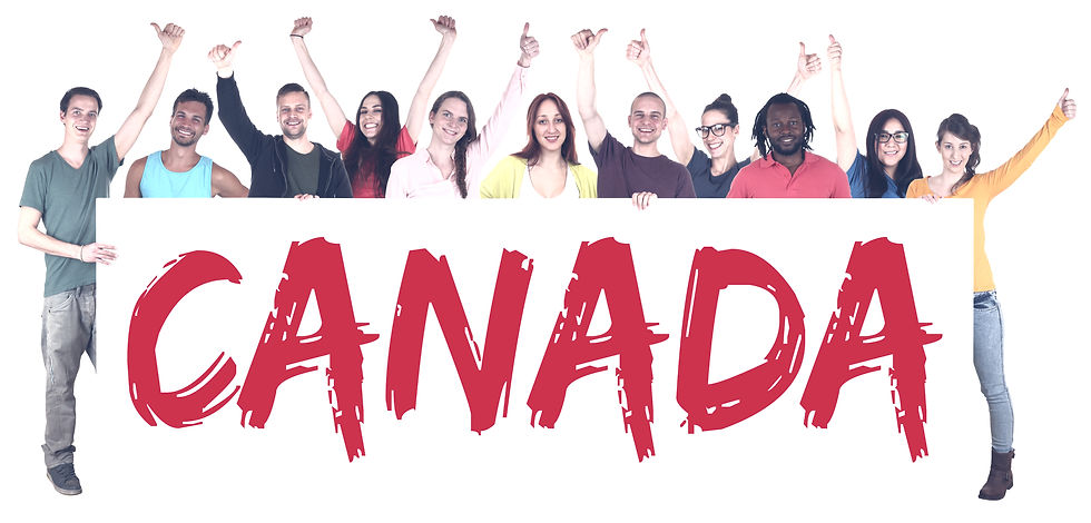 Canada immigration group of young multi ethnic people holding banner isolated