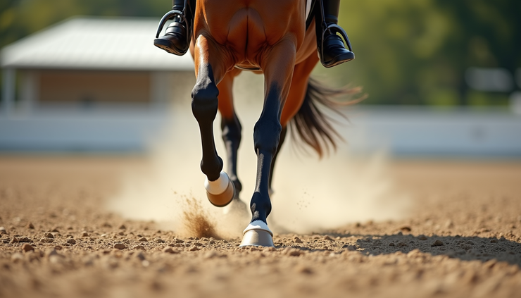 Eye-level view of a horse galloping on a carpet fibre equestrian arena surface