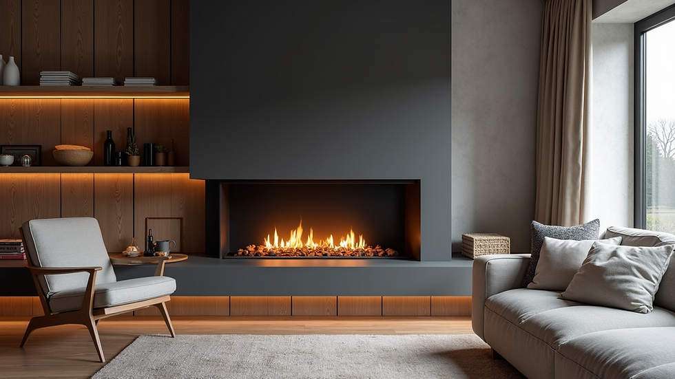 Wide angle view of a stylish modern fireplace design