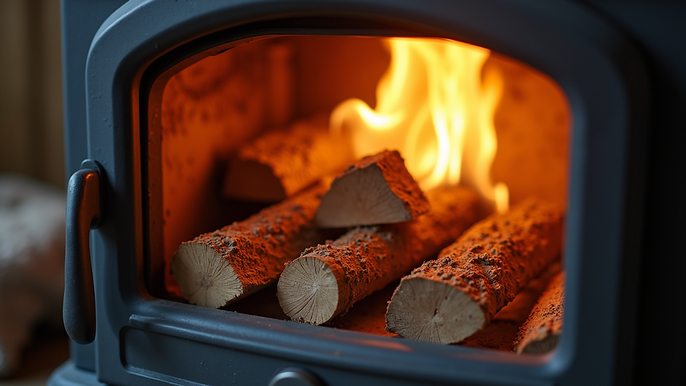 Close-up view of a Defra approved stove burning clean wood logs