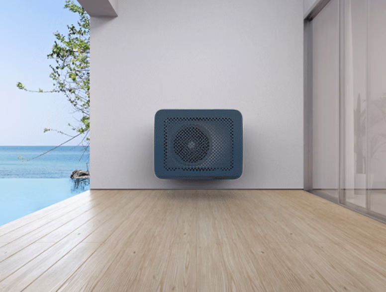 Stylish blue heat pump cover protecting outdoor unit on modern patio — Marlow Stoves.