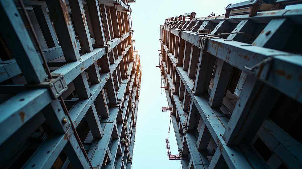 Eye-level view of a steel framework of a high-rise building under construction