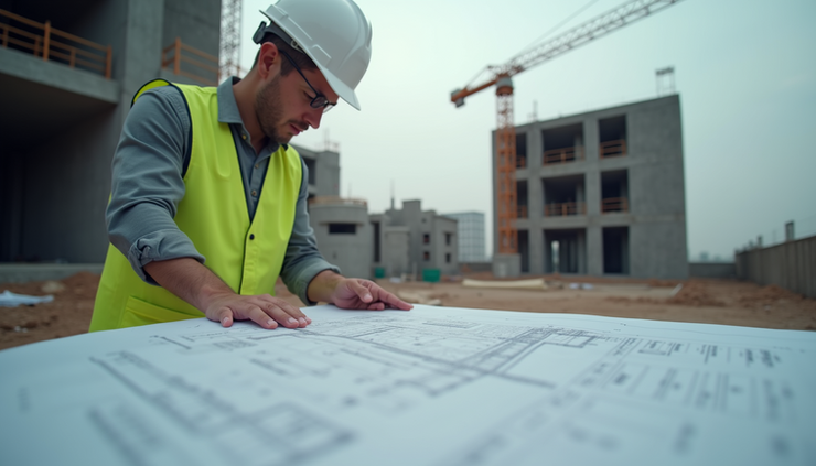 Eye-level view of a structural engineer reviewing blueprints on a construction site