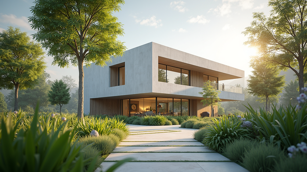 Wide angle view of an eco-friendly modern building under design