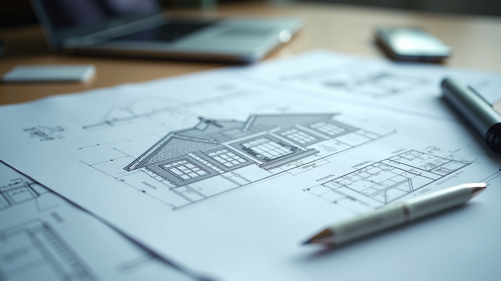 Close-up view of structural blueprint on a desk