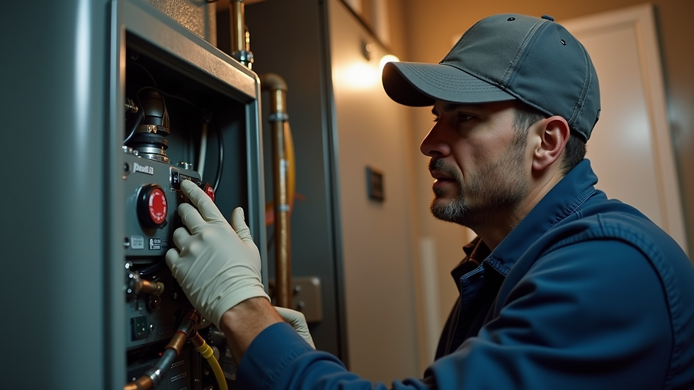 Eye-level view of a heating technician inspecting a residential furnace