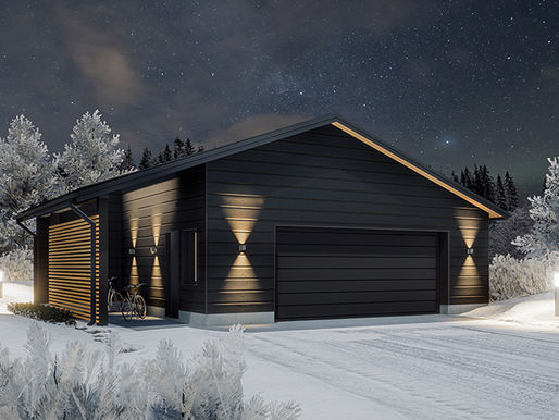 Autotalli työtilalla ja leveällä nosto-ovella