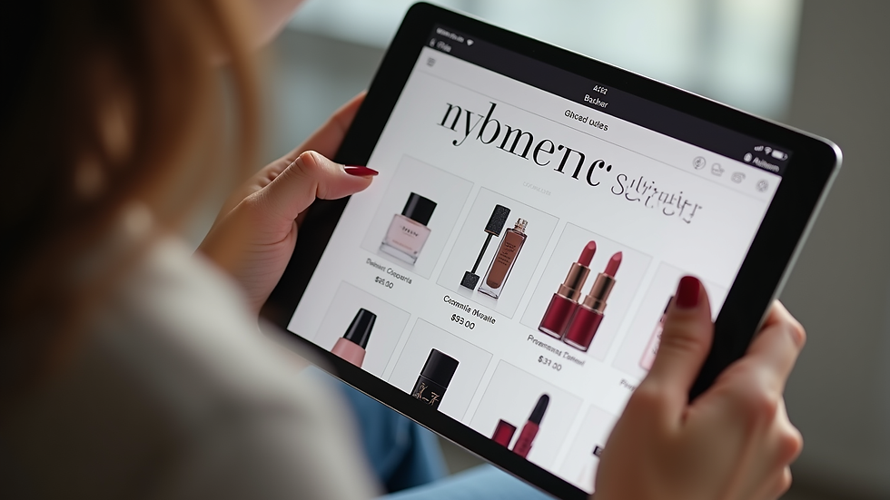 Close-up view of a digital tablet showing an online cosmetic catalog