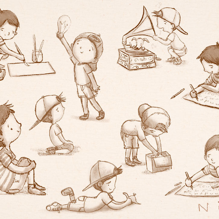 character sketches of a young boy sitting, painting, playing, listenting to a record player, holding a lightbulb and wearing a cap backwards