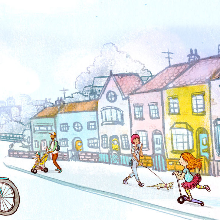street illustration, terraced houses, pastel colour palette, inks and watercolours, textures, cyclist, bike, woman running, man pushing pushchair, gran