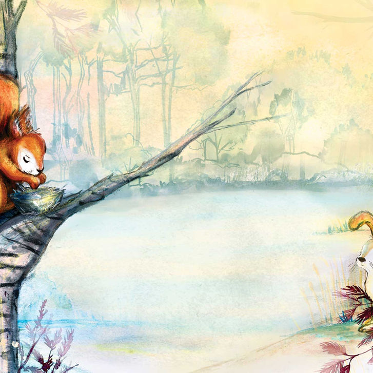 Emotional picture book illustration of a red squirrel in a tree looking sad as her friend Will the rabbit stands across a frozen pond.