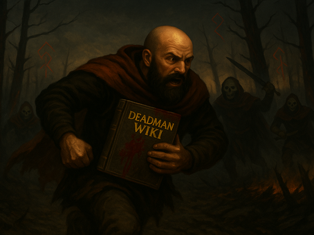 Bald bearded man running through a dark forest clutching the Deadman Wiki book, chased by skulled PvP attackers — atmospheric digital art for Old School RuneScape Deadman Mode survival blog.