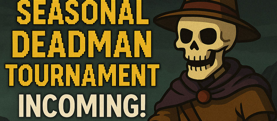 Pixel art illustration featuring Mr. Wiki, a skeleton adventurer in a brown tunic and red cape, pointing forward with a confident grin. Behind him is a dark, mountainous landscape with ruins, and bold yellow and white text reads: “Seasonal Deadman Tournament Incoming!” in a retro Old School RuneScape style.