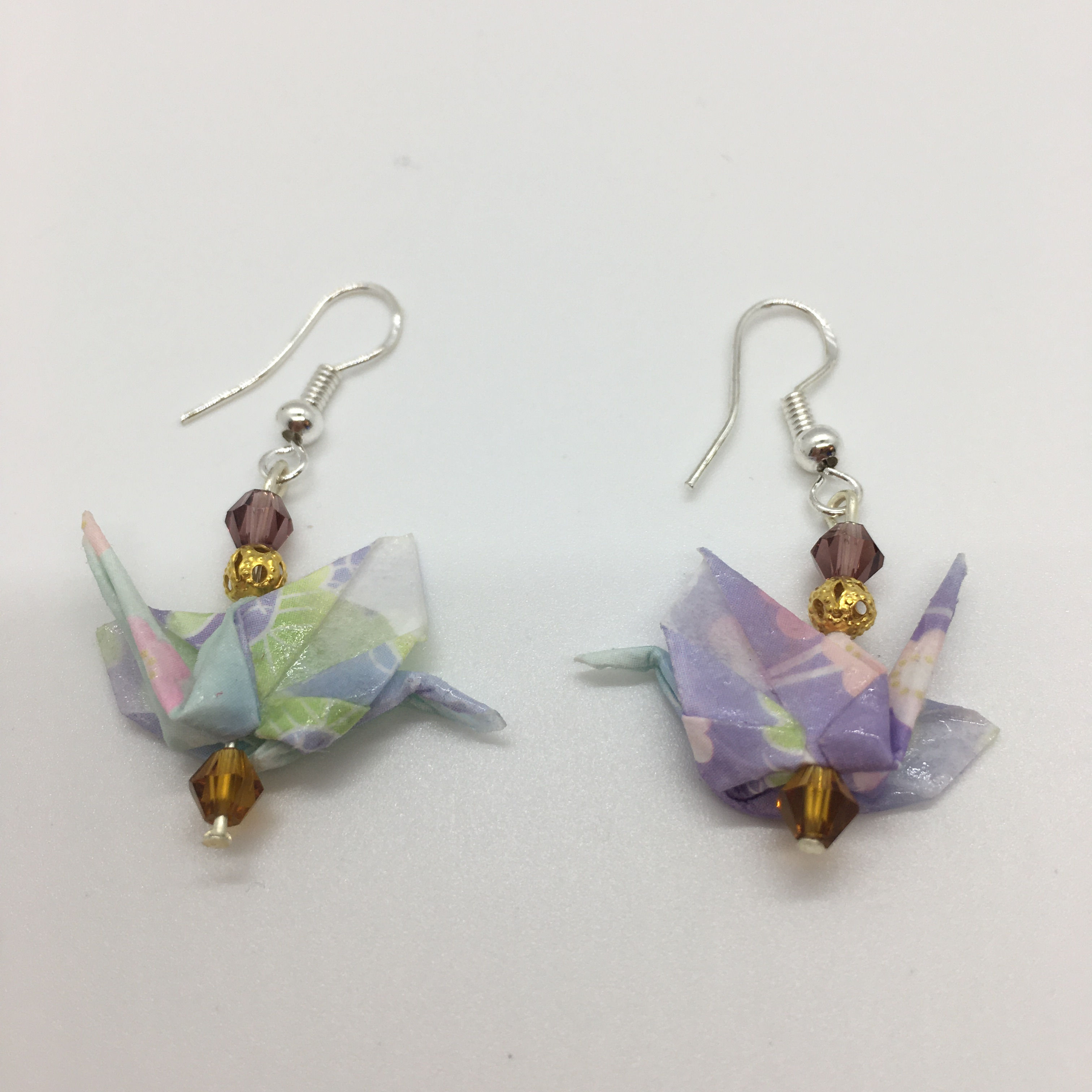 Earrings - Origami Cranes, Pastel Green, Blue & Purple with Pink Flowers