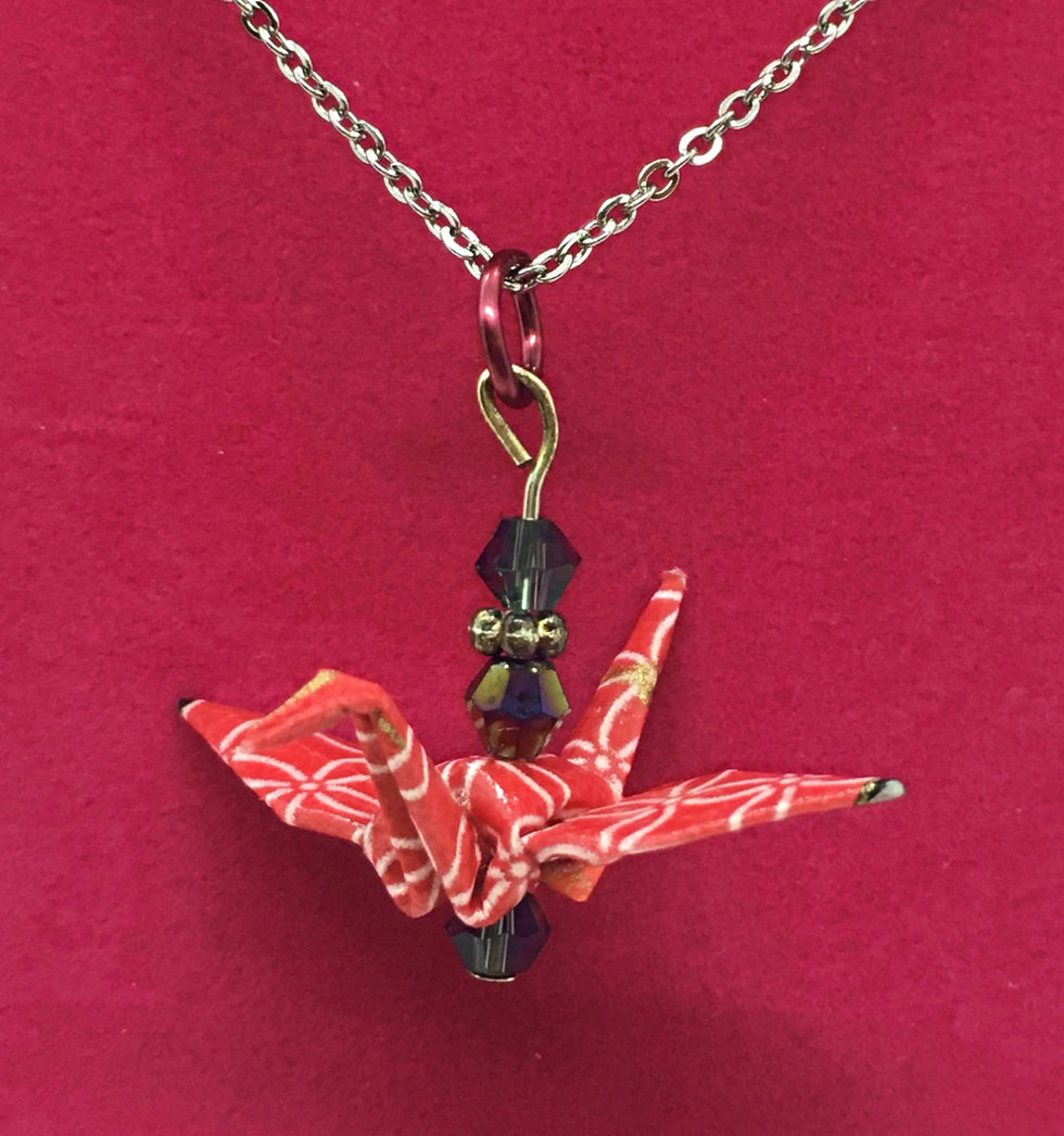Thumbnail: Necklace - Origami Crane Pendant, Red with White Flower Design