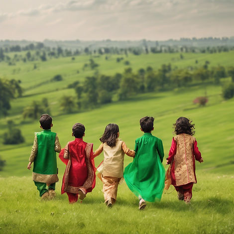 show backside of 4-5 kids running wearing south asian outfits in a beautiful green meadow.