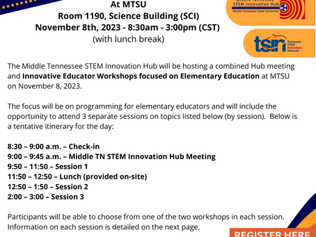 Join us for a combined Hub meeting and Elementary Education Innovative Educator Workshops!