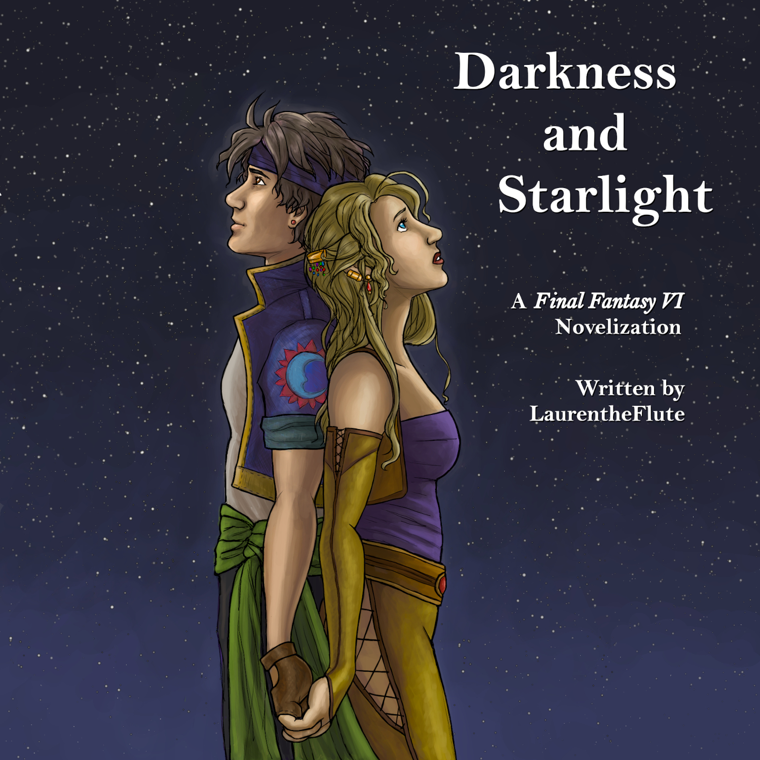 Cover art for Darkness and Starlight, showing Locke Cole and Celes Chere looking angsty against a starry background Cover art for Darkness and Starlight, showing Locke Cole and Celes Chere looking angsty against a starry background