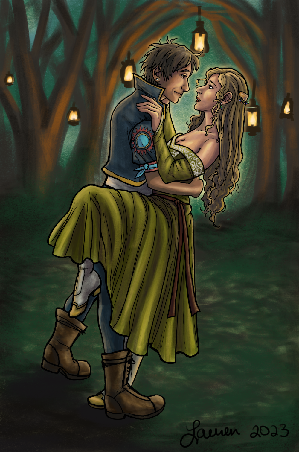 Locke and Celes dancing in a forest clearing, lit by lanterns