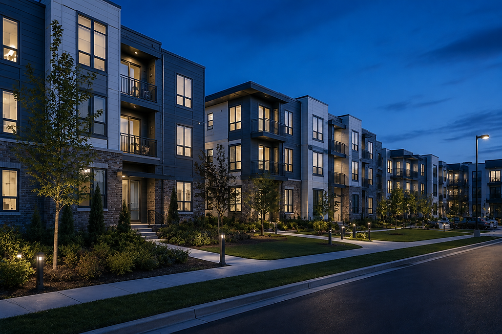 Modern apartment complex at night with lighted walkways.
