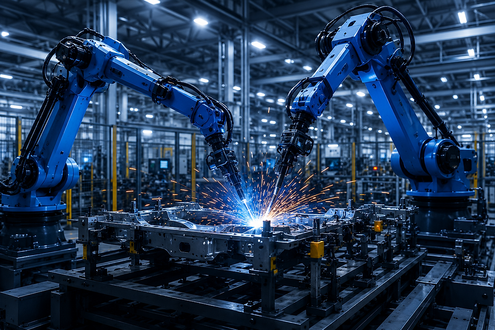 Robotic arms welding metal in an automated factory line.