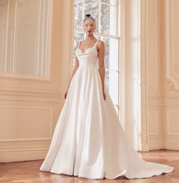 GWEN by Ellis Bridal - luxury Mikado ball gown wedding dress with a structured bodice, pearl-detailed sweetheart neckline and full pleated skirt, at Soraya Louise Bridal in Cheadle, Manchester.