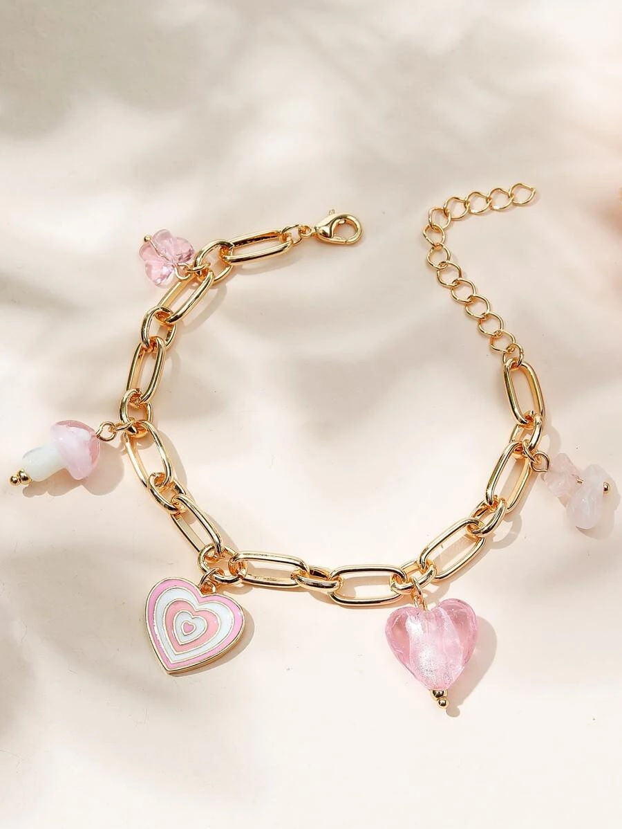 Pulseira de corrente de coração e cogumelo Pink