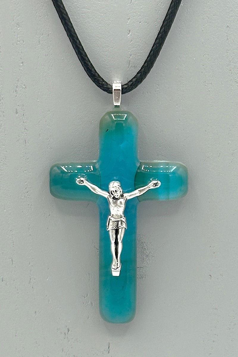 Turquoise Blue & French Vanilla Glass Crucifix Necklace - Qty Discount Available