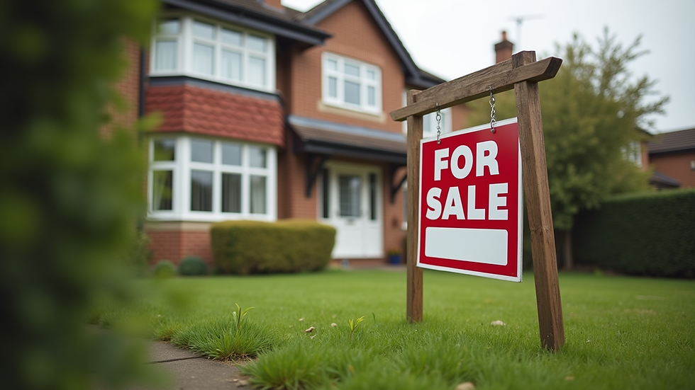 Eye-level view of a house with a "For Sale" sign in the front garden