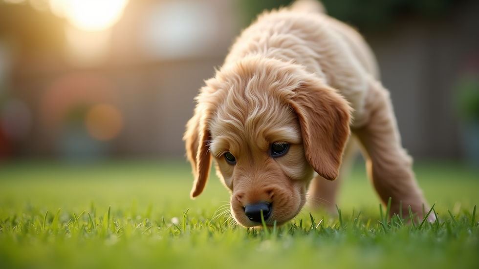 Close-up of a Goldendoodle puppy sniffing grass in a backyard