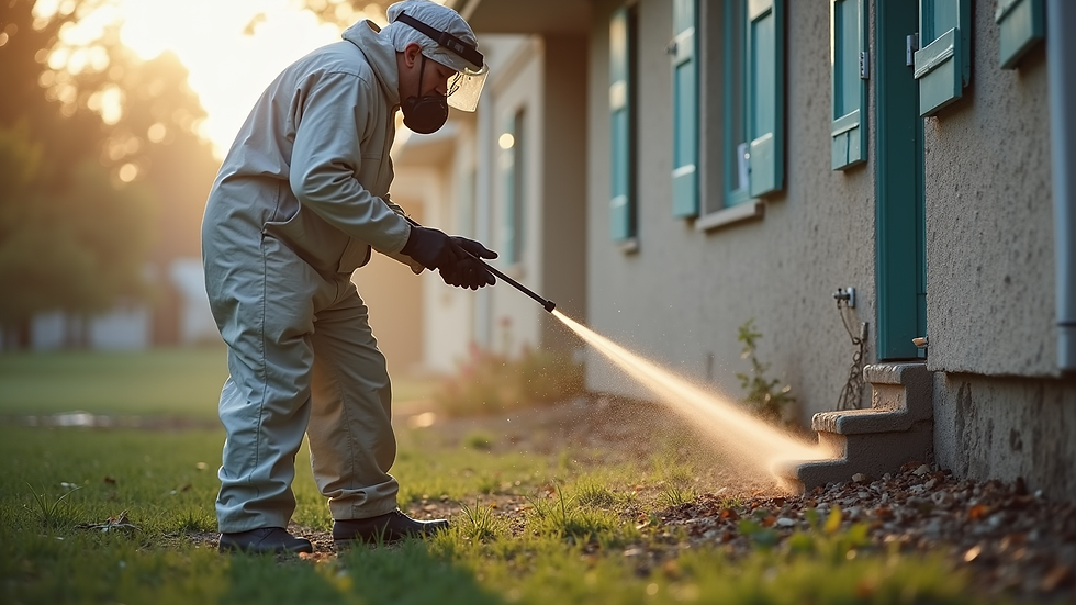Close-up view of pest control technician applying treatment to a residential foundation
