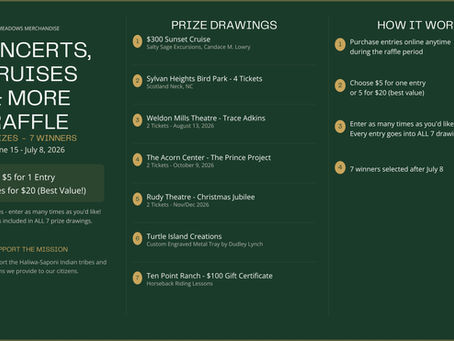 Concerts Cruises and More raffle fundraiser supporting the Haliwa-Saponi Tribe featuring ticket pricing, event dates June 15 to July 8, and community sponsor contributions