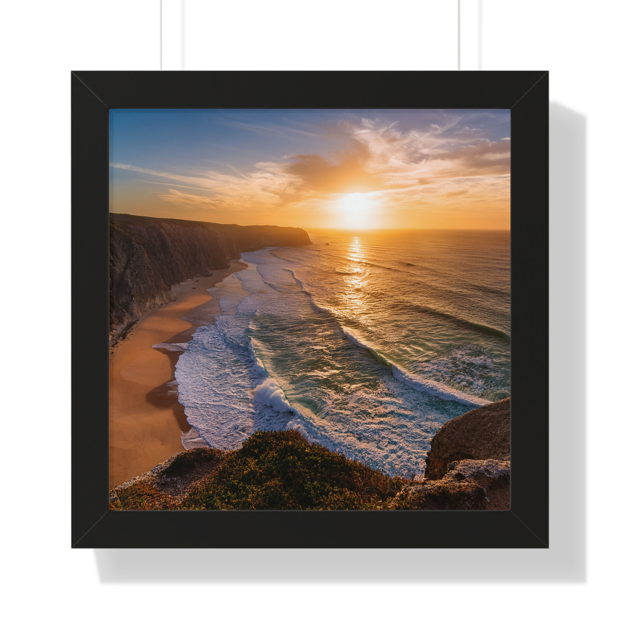 Open Air Vibes CA Sunset Coastline Waves Framed Horizontal Poster- Surf Art