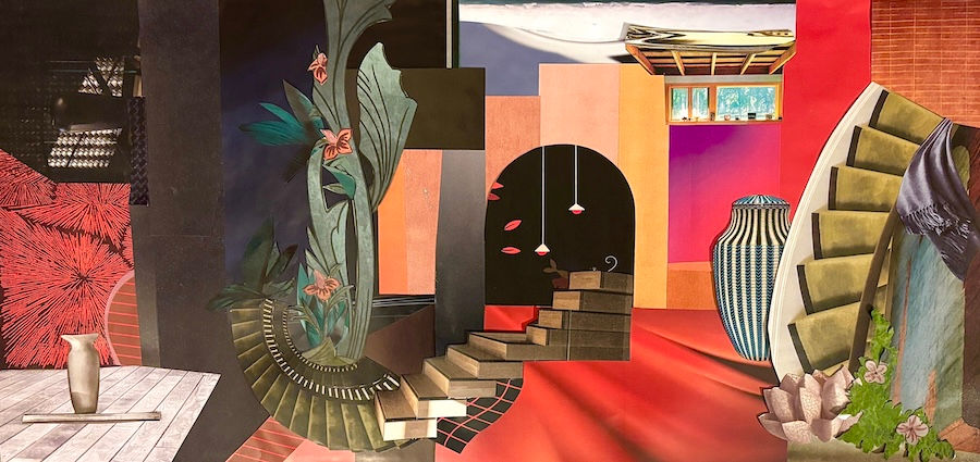 cut paper collage art mounted on cardboard