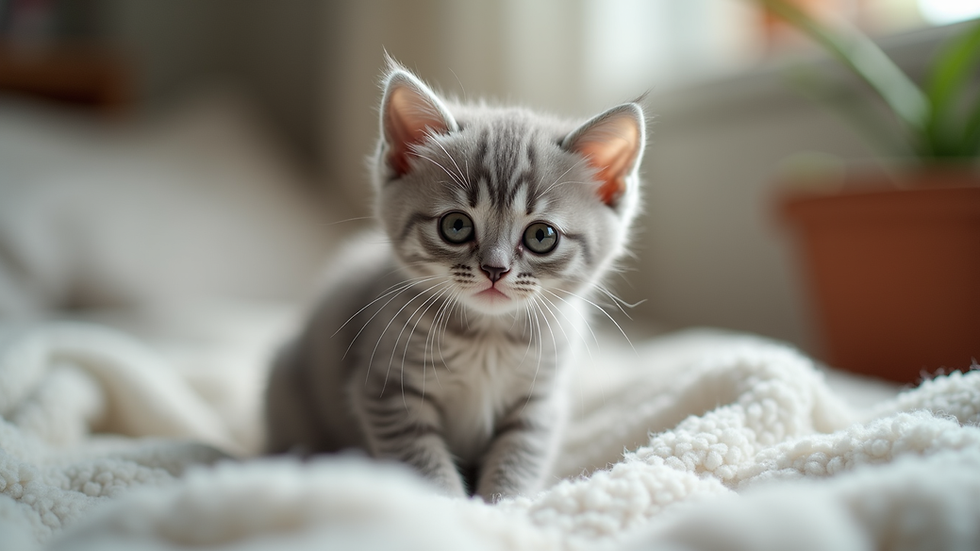 Eye-level view of a British Shorthair kitten sitting on a soft blanket
