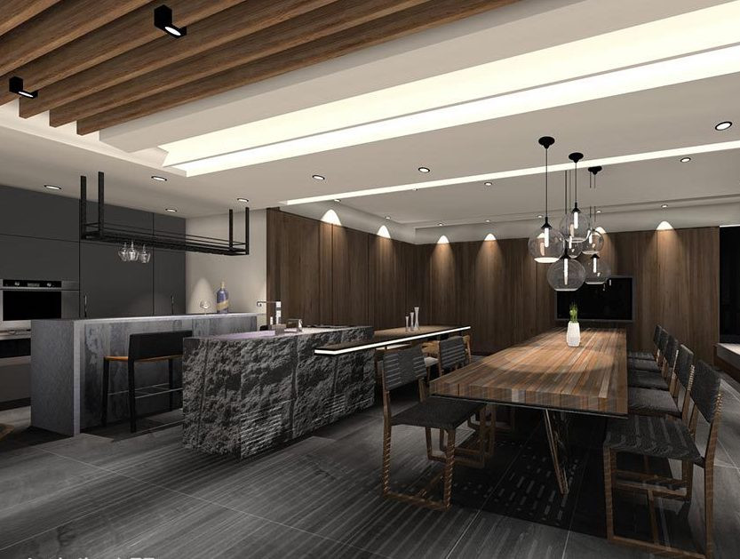 Morden Kitchen with stone skin counter and warm light