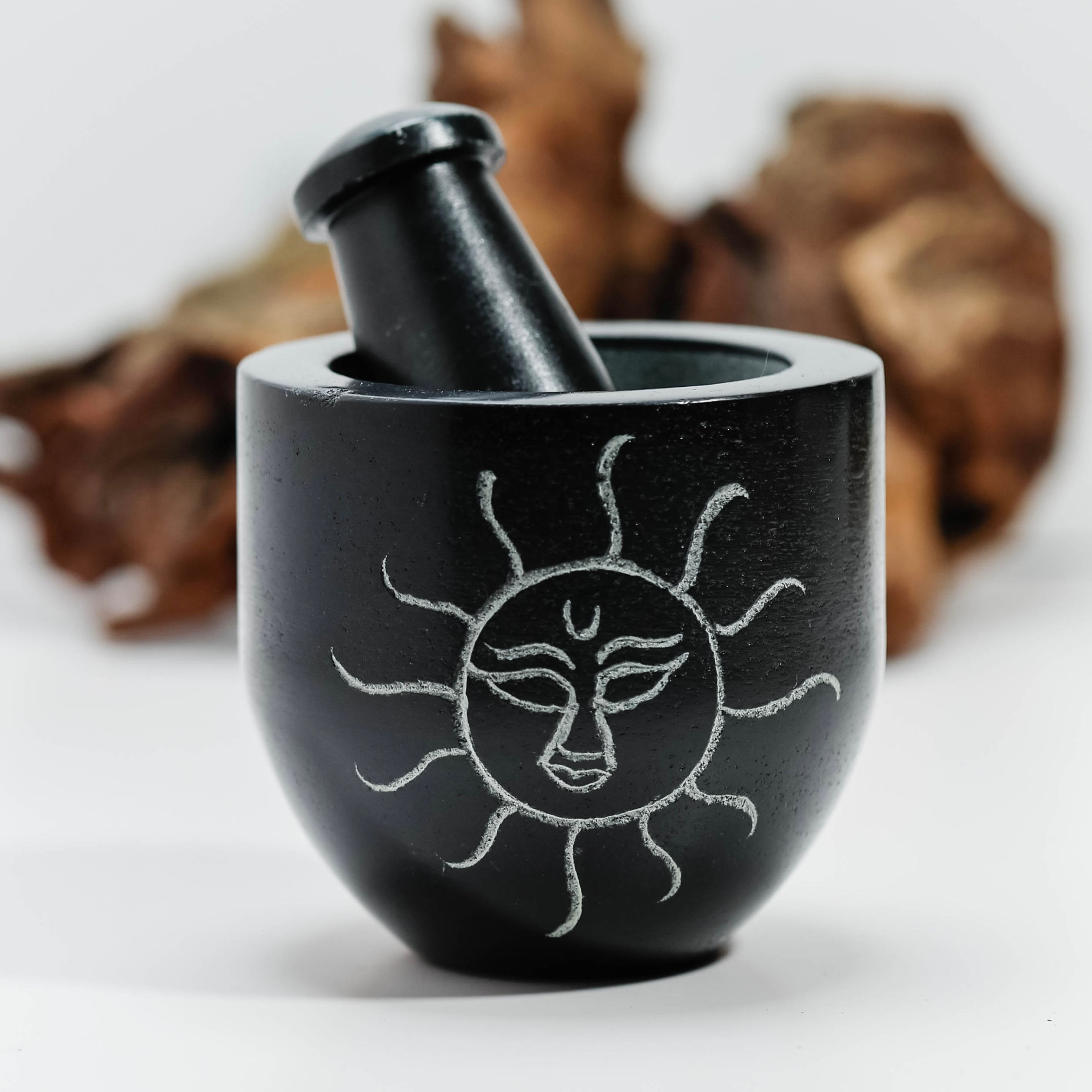 Sun Carved Soapstone Mortar & Pestle