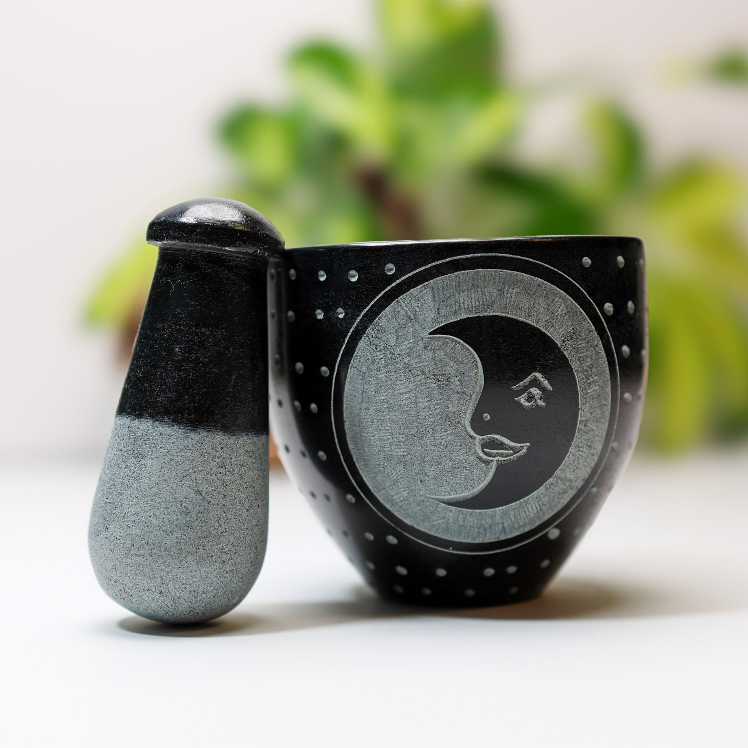 Moon Carved Soapstone Mortar & Pestle